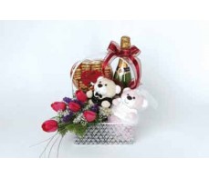 Wine Chocolate Bear With Flower Arrangement
